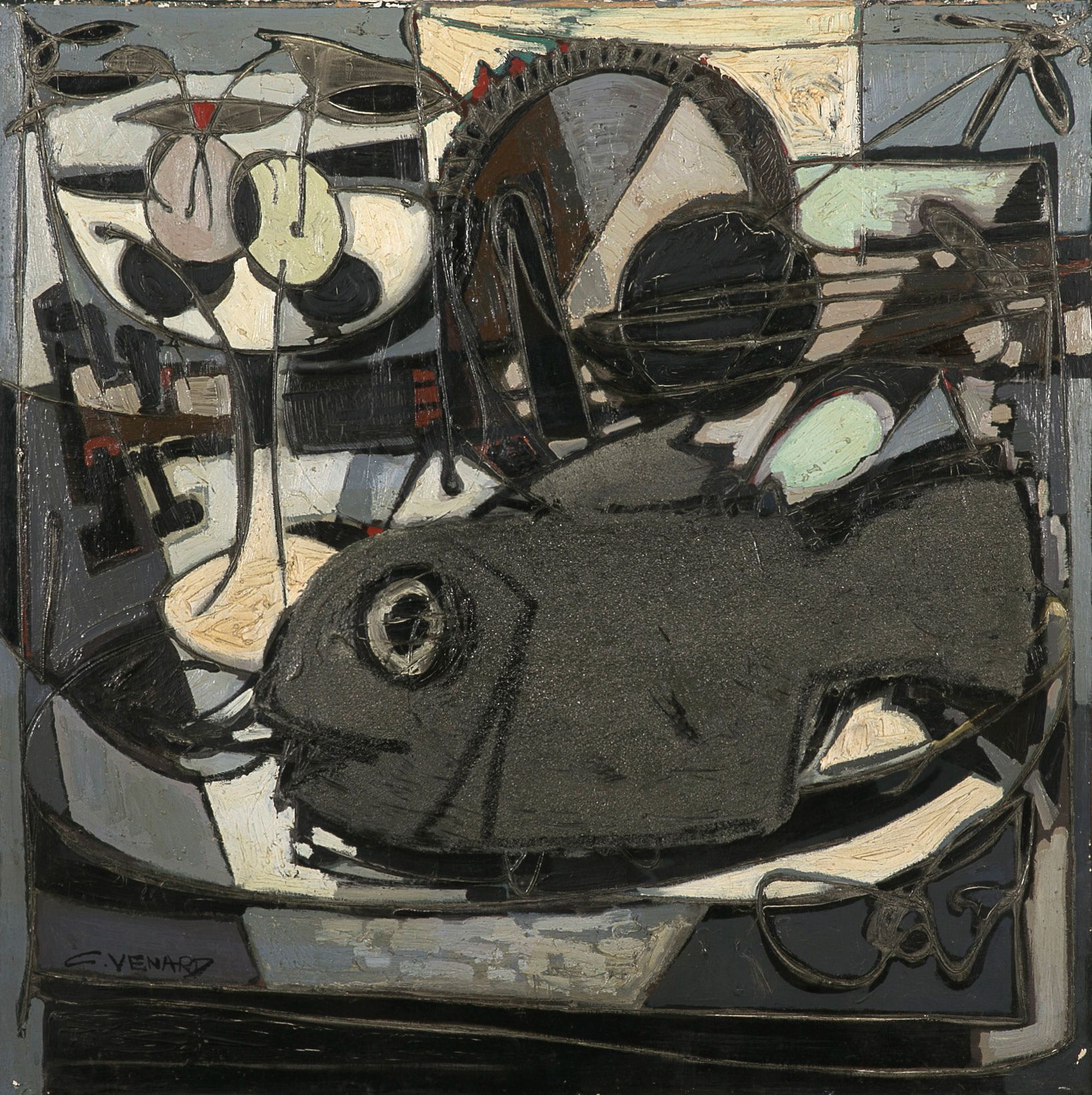 Claude VENARD (1913-1999) 
鱼类

布面油画，有Romanet画廊的标签和一个印章，左下角有签名

布面油画，有Romanet画廊的标&hellip;