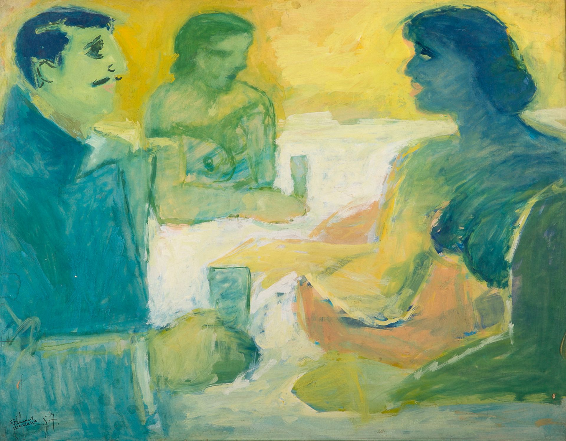 FIKRET SAYGI MUALLA (1903-1967) 
对话, 1957年 

纸上水粉画，裱在画布上，左下角有签名和日期

纸上水粉画，裱在画布上，&hellip;