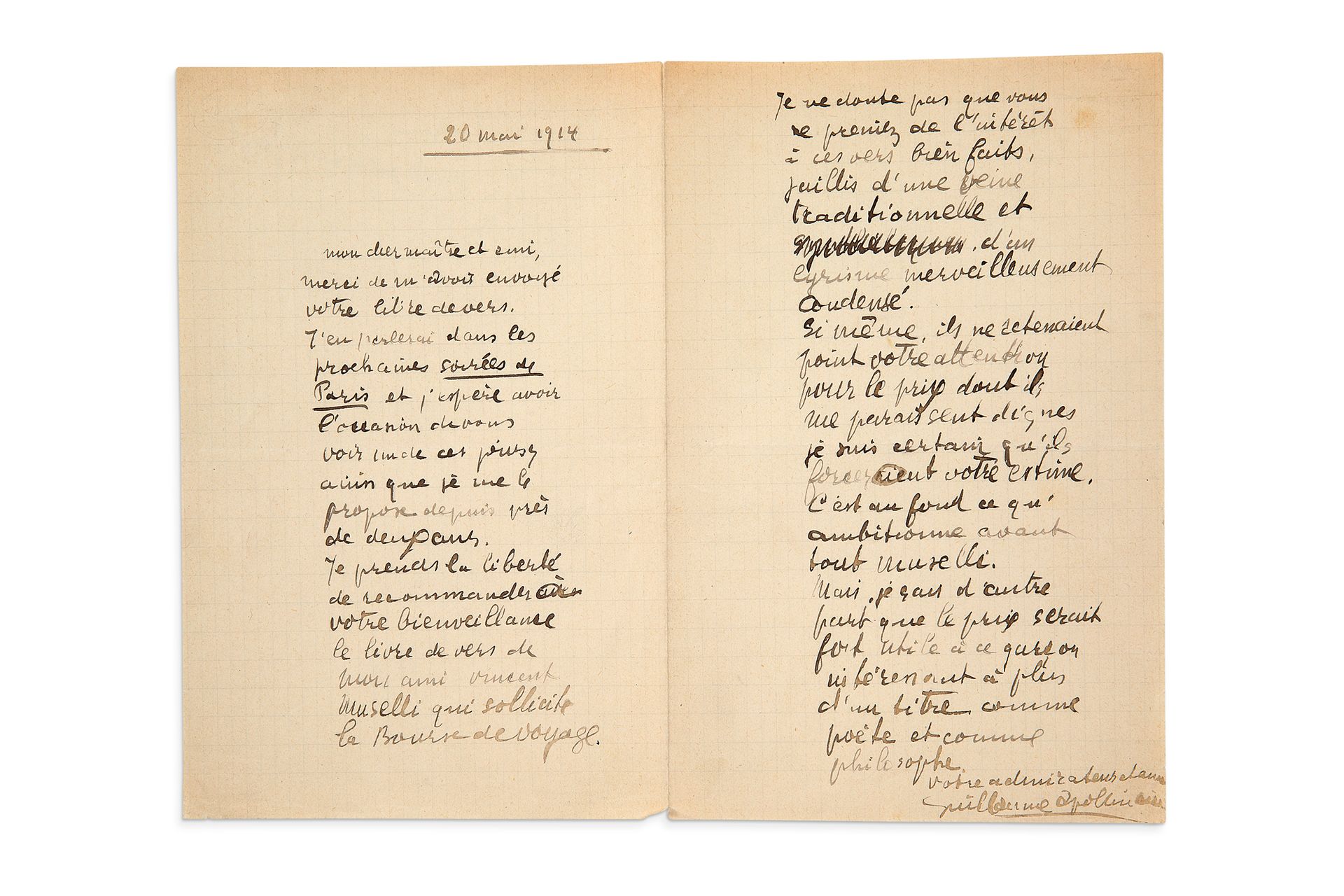 APOLLINAIRE Guillaume (1880-1918) 签署的亲笔信。S.L.，1914年5月20日。2页，8页，棕色墨水。(信件部分褪色）。)
关&hellip;