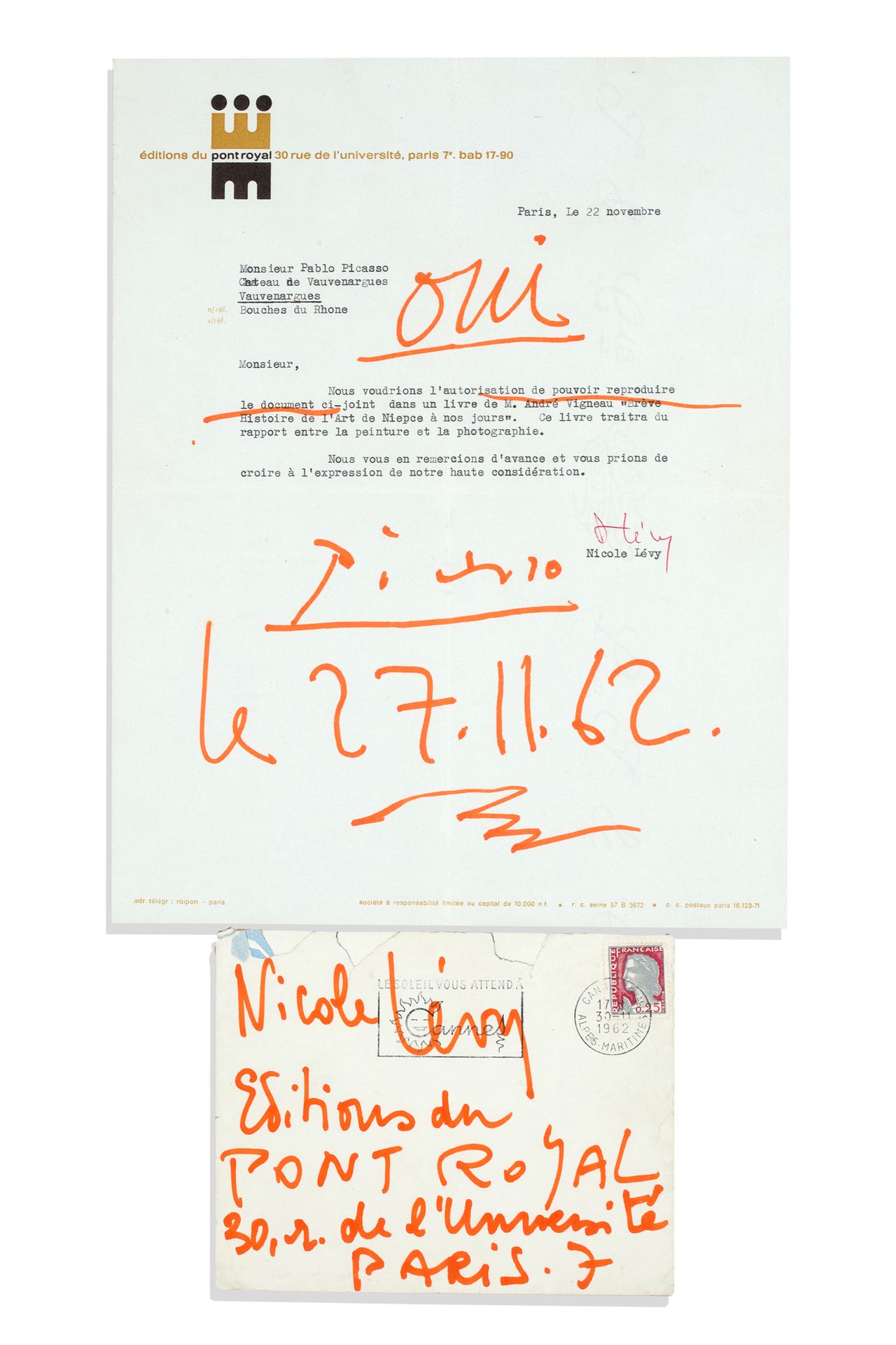 PICASSO Pablo (1881-1973), peintre. 
Lévy女士要求允许在André Vigneau的书中复制一份文件。
毕加索在信上用橙&hellip;
