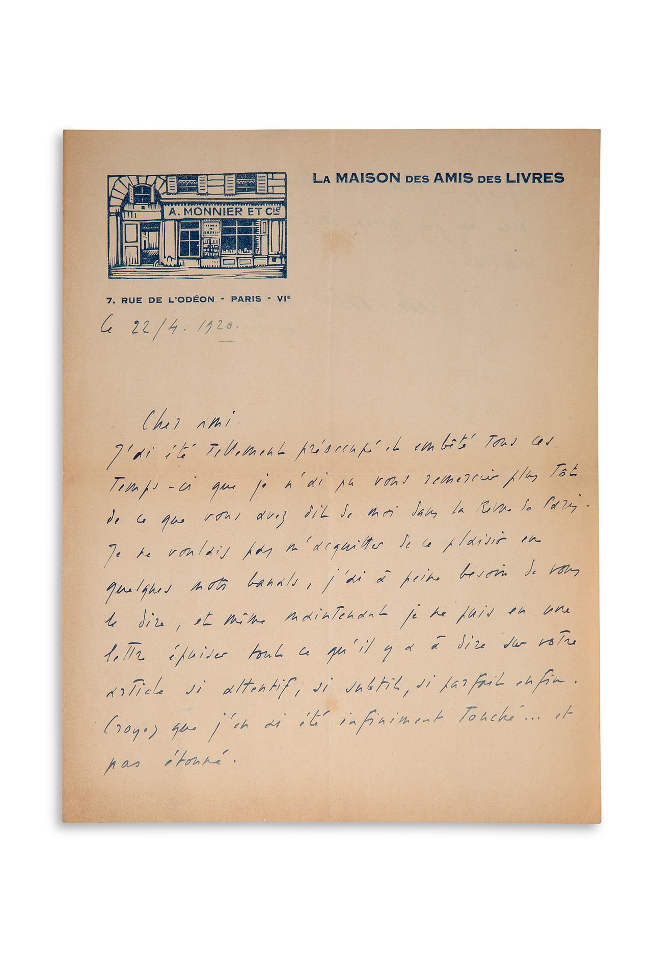 FARGUE LÉON-PAUL (1876-1947) L.A.S.，巴黎，1920年4月22日，致朋友[Fernand VANDÉREM]；1页1/4 in&hellip;