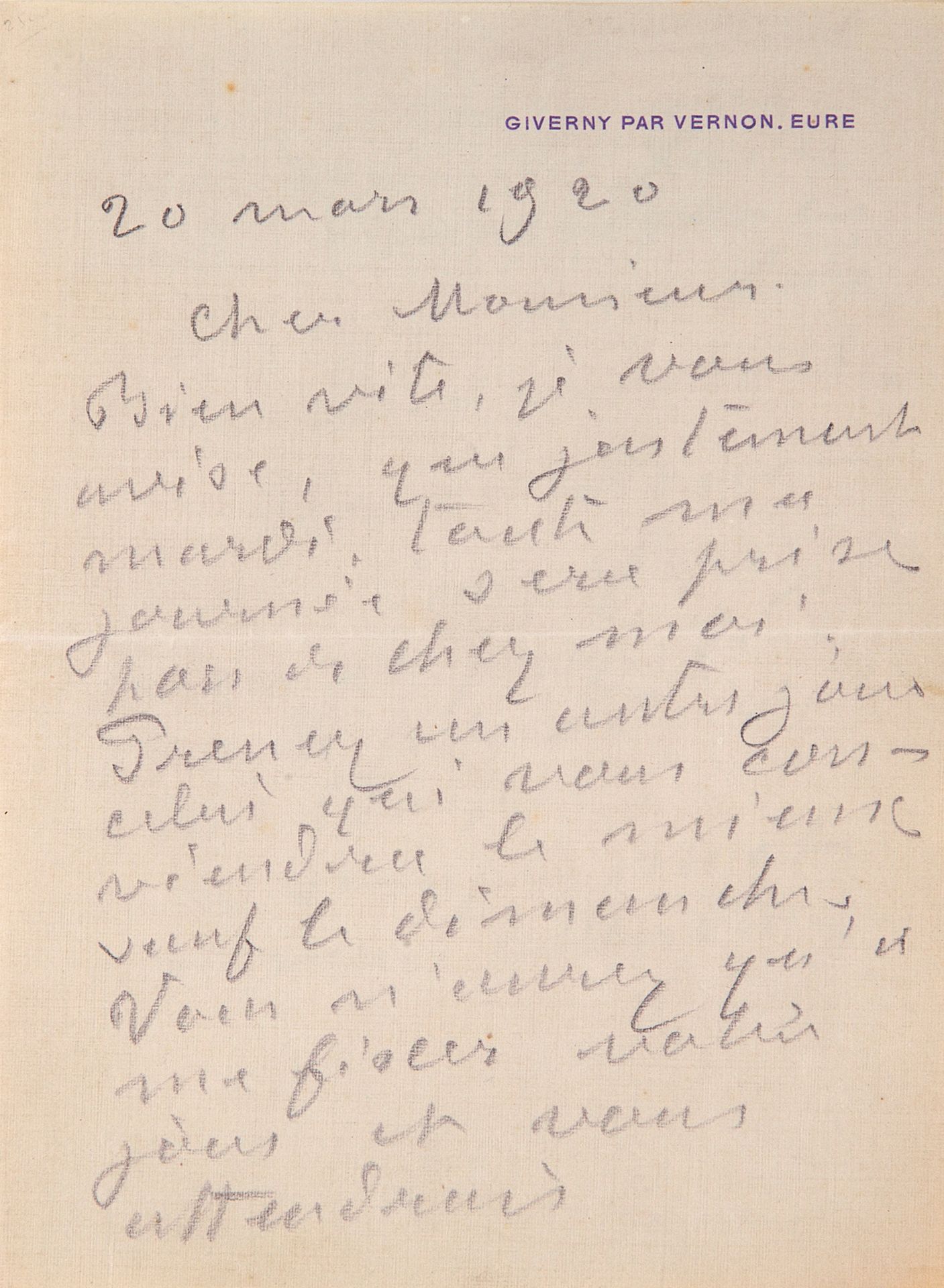 MONET Claude (1840-1926) peintre. L.A.S.，吉维尼，1920年3月20日；2页小八开，写给他的地址，用铅笔写的（附照片）。&hellip;