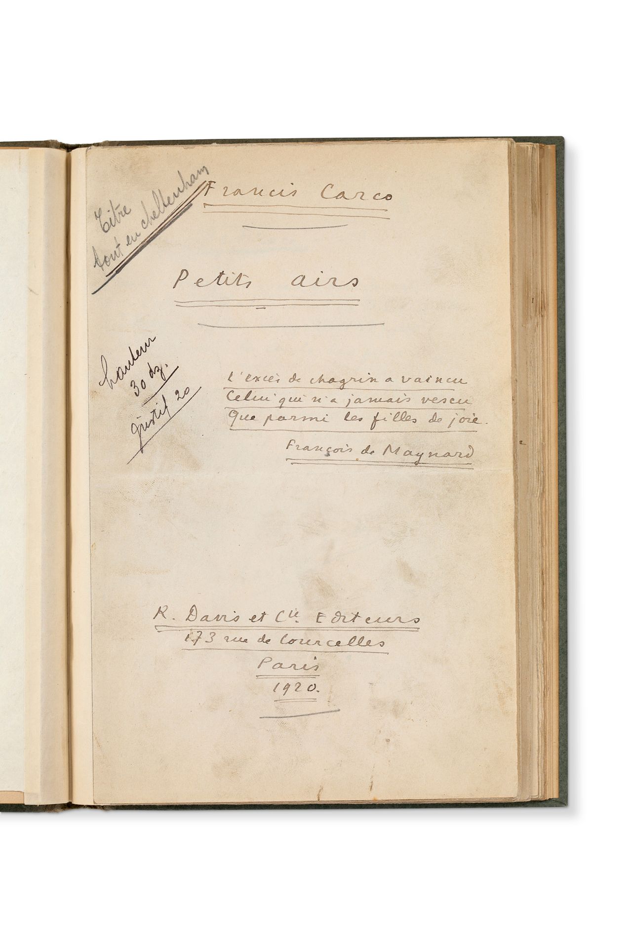 CARCO FRANCIS (1886-1958) Petits airs, manuscrit autographe signé. 1920, 28 page&hellip;