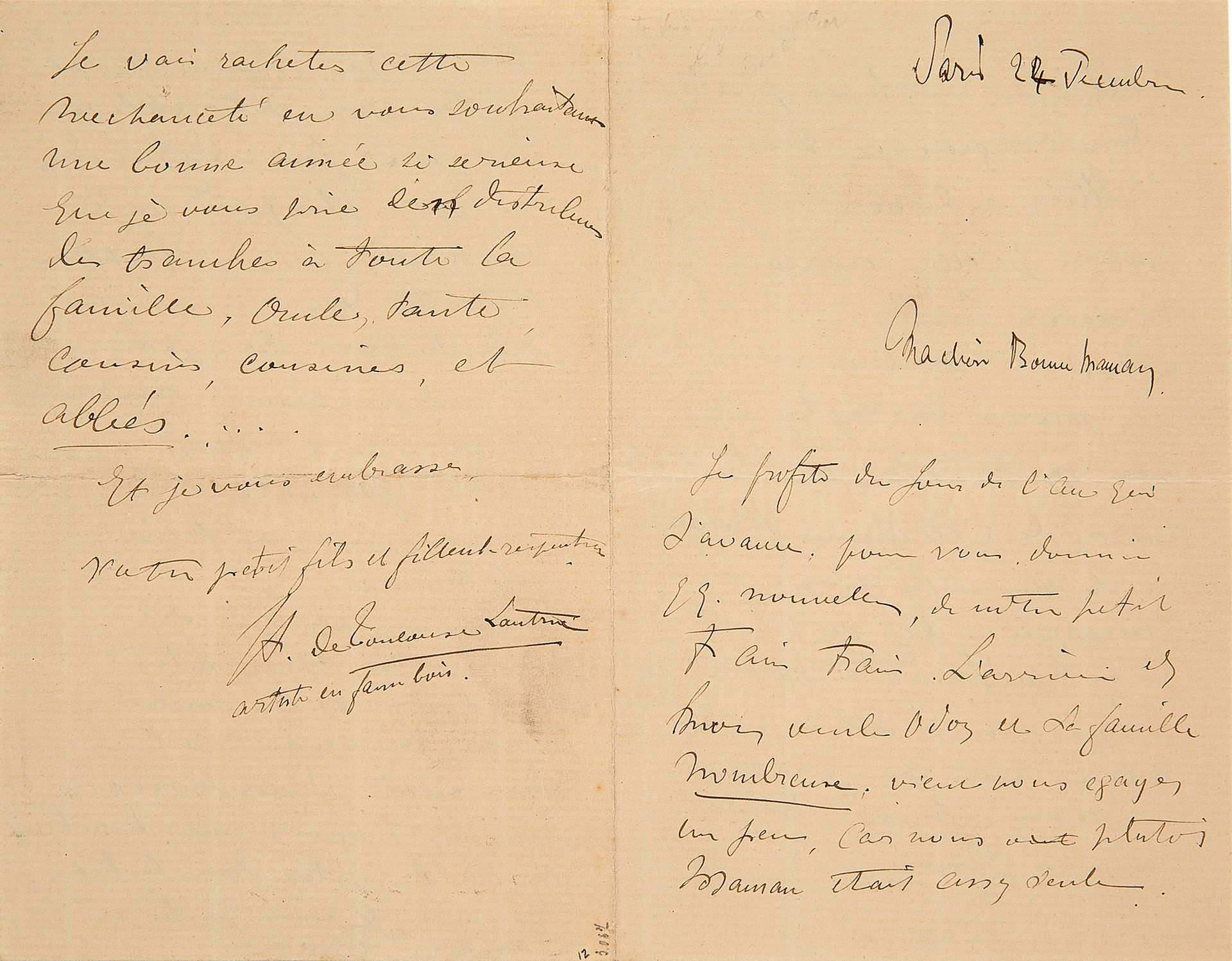 TOULOUSE-LAUTREC Henri de (1864-1901) peintre. 签署给其外祖母的亲笔信。
巴黎，未注明日期。[12月24日]。4页&hellip;