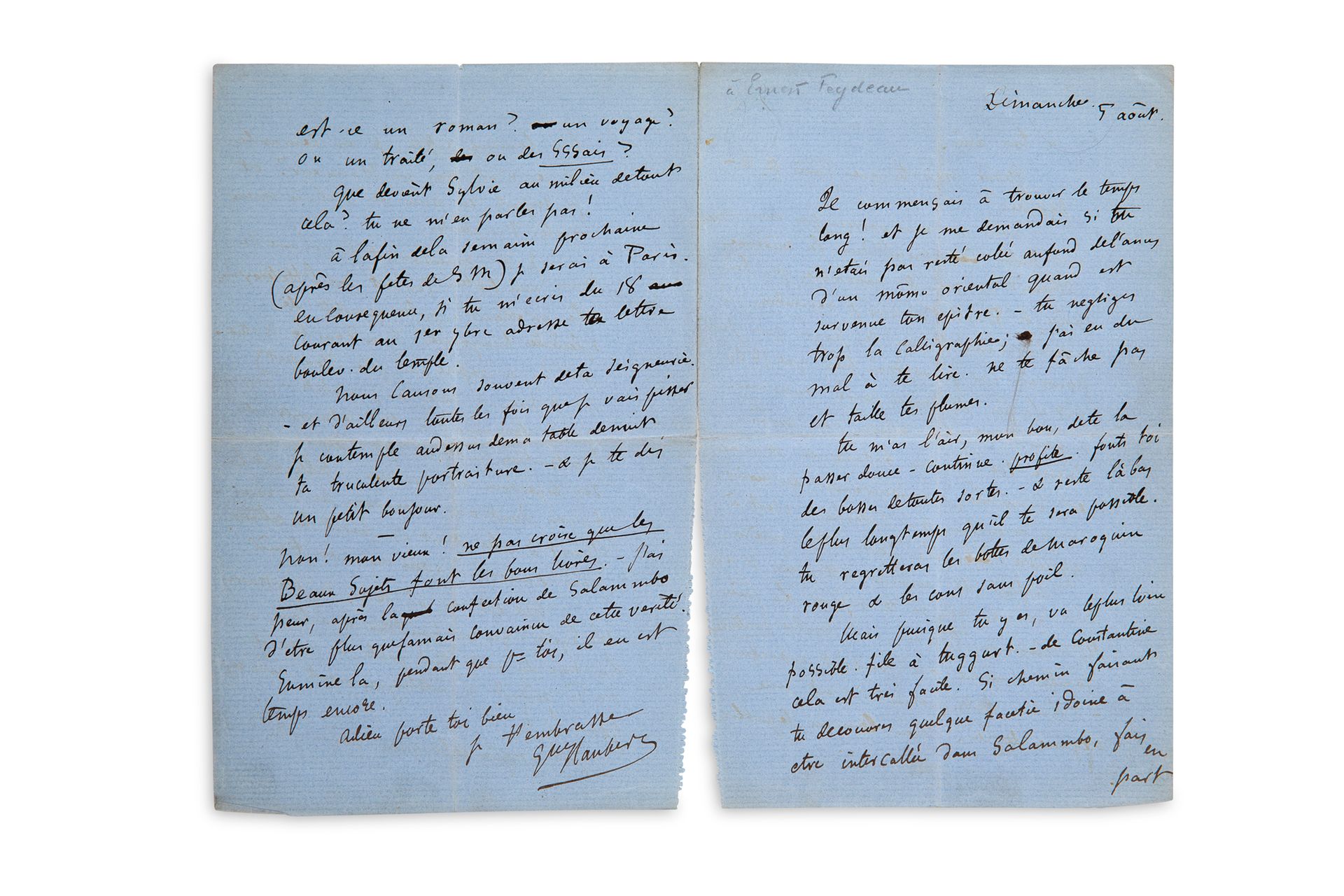 FLAUBERT Gustave (1821-1880) L.A.S. "Gve Flaubert "写给Ernest FEYDEAU。[Croisset]
[&hellip;