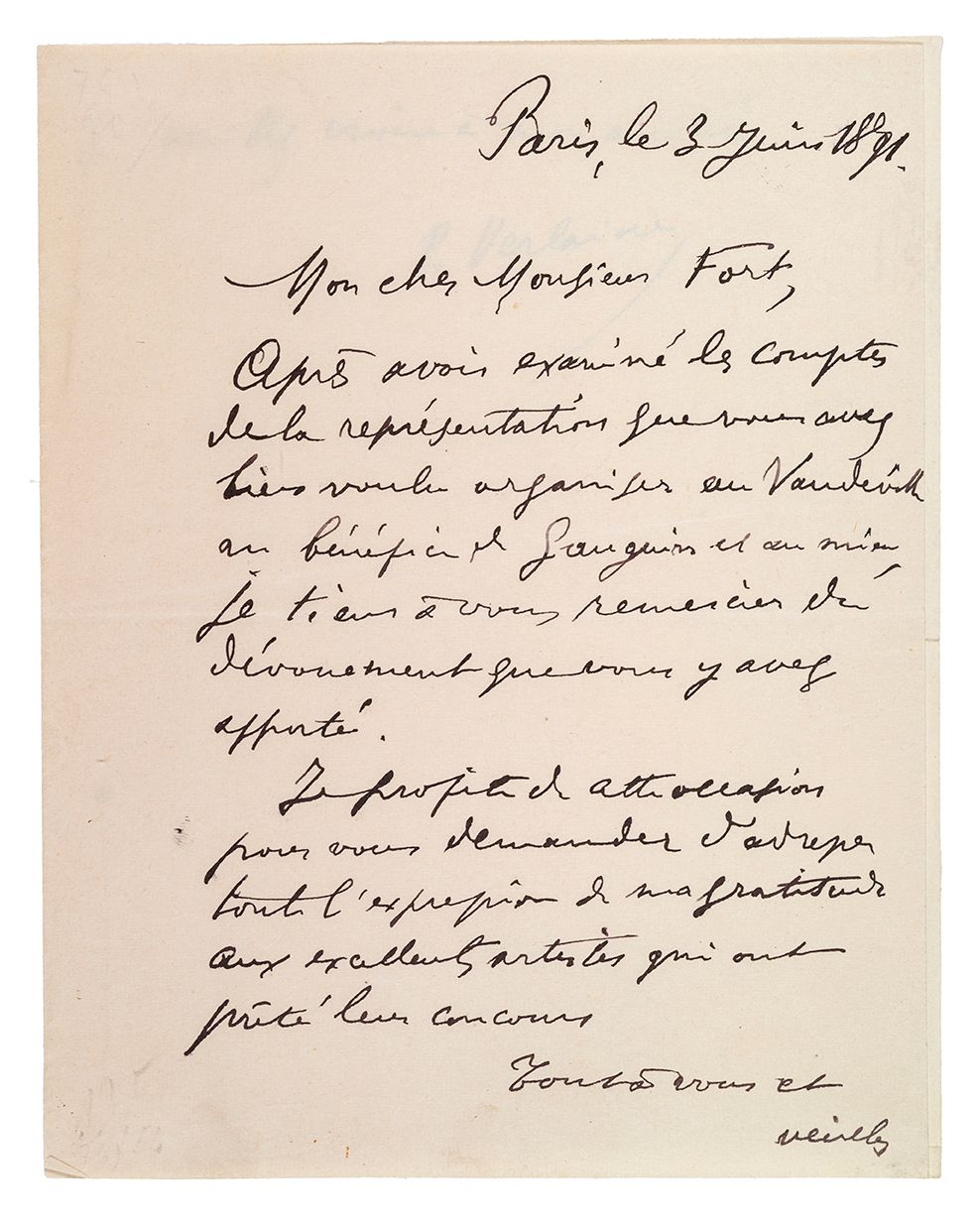 VERLAINE PAUL (1844-1896) L.A.S.写给Paul Fort。巴黎，1891年6月3日。1页。¼两张小12开。
"在审查了你为高更和我&hellip;