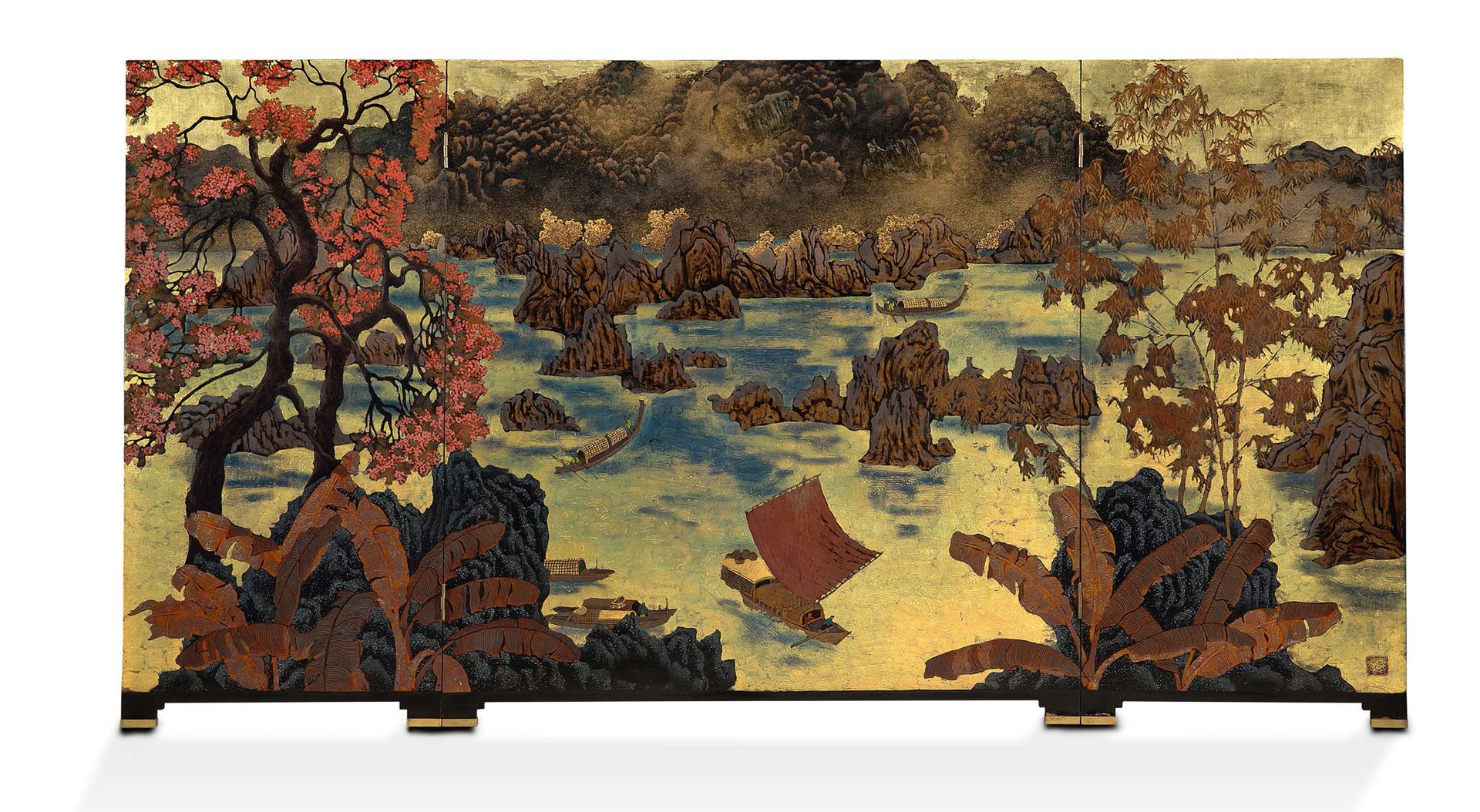 Pham Hau (1903-1995) 
Landschaft mit Dschunken

Lack mit Gold- und Silberrehäute&hellip;