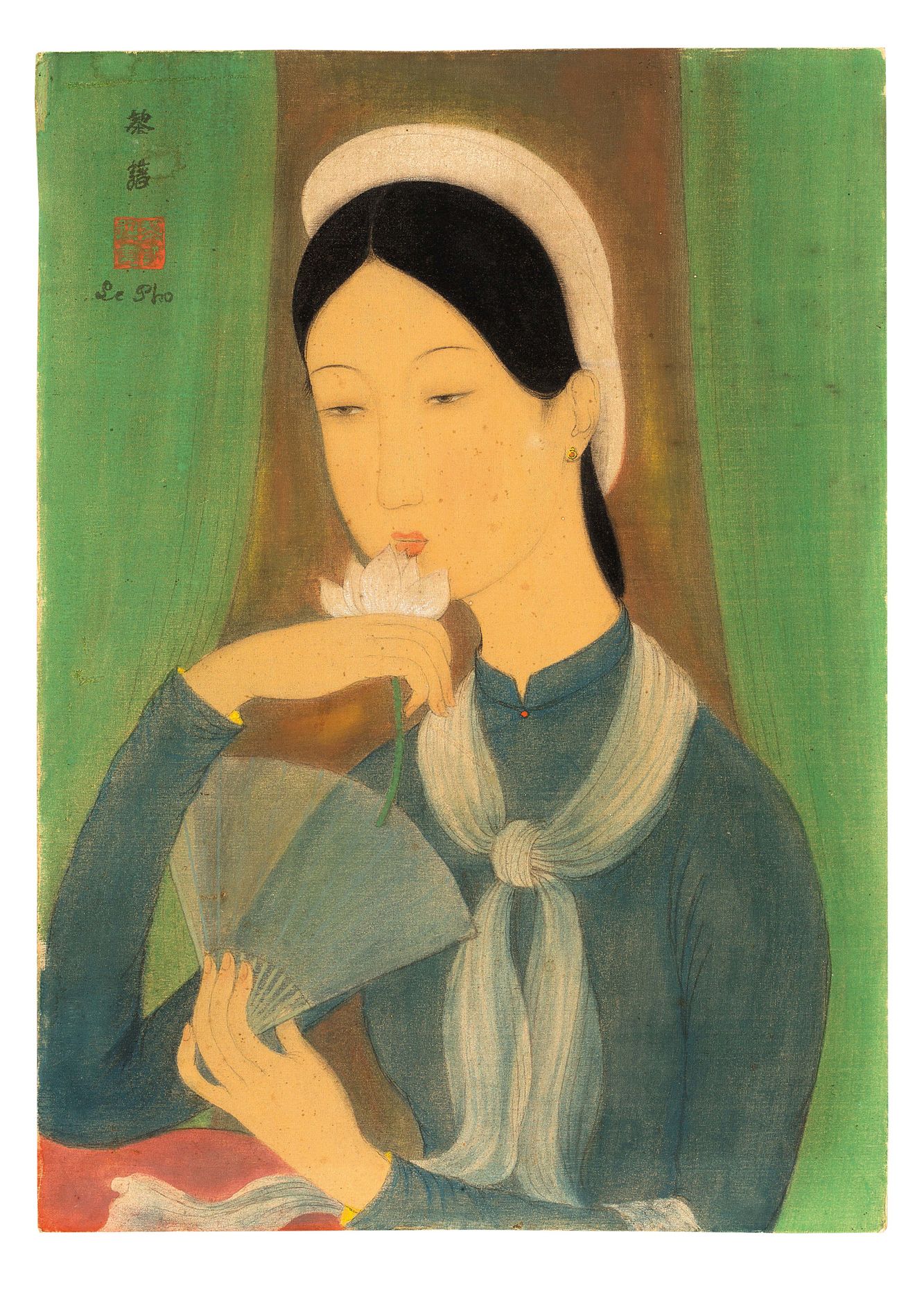LÊ PHỔ (1907-2001) 
年轻女子手持莲花和扇子

丝绸上的水墨和色彩，左上方有签名 

34.2 x 24.8 cm - 13 3/8 x 9 &hellip;