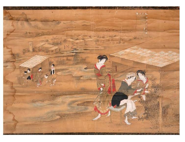 JAPON XIXE SIECLE 纸上水墨彩绘，描绘了茶叶种植，前景是三个农妇在遮阳棚保护下的灌木丛中采摘茶叶，背景是五个妇女在采摘和分拣茶叶，一条溪流穿过画&hellip;