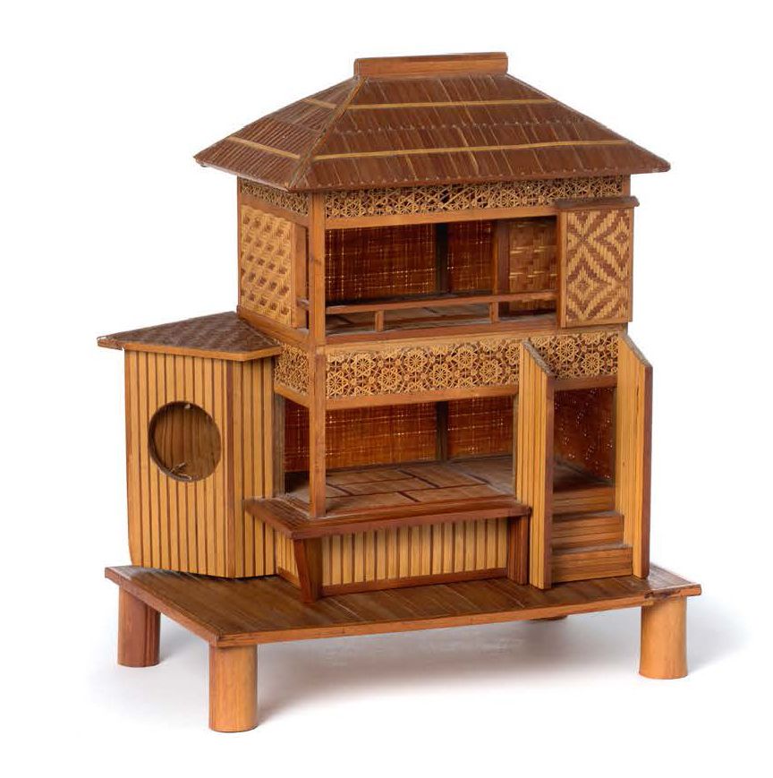 JAPON VERS 1920 木头和稻草镶嵌的杰作，代表了一个传统的日本房子。带底座。
Dim. 34 x 27,5 x 17,5 cm
(分两部分，屋顶有一&hellip;