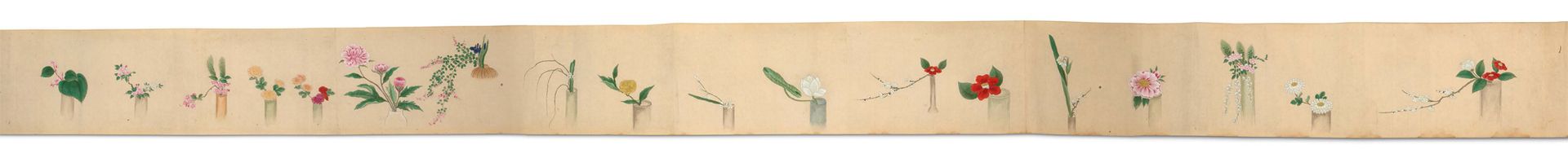 JAPON XVIIIe siècle 纸上水墨画长卷，表现一连串的ikebana型花束，开头有署名，结尾处有非常草书的书法，日期为Hôreki 6 (1756&hellip;