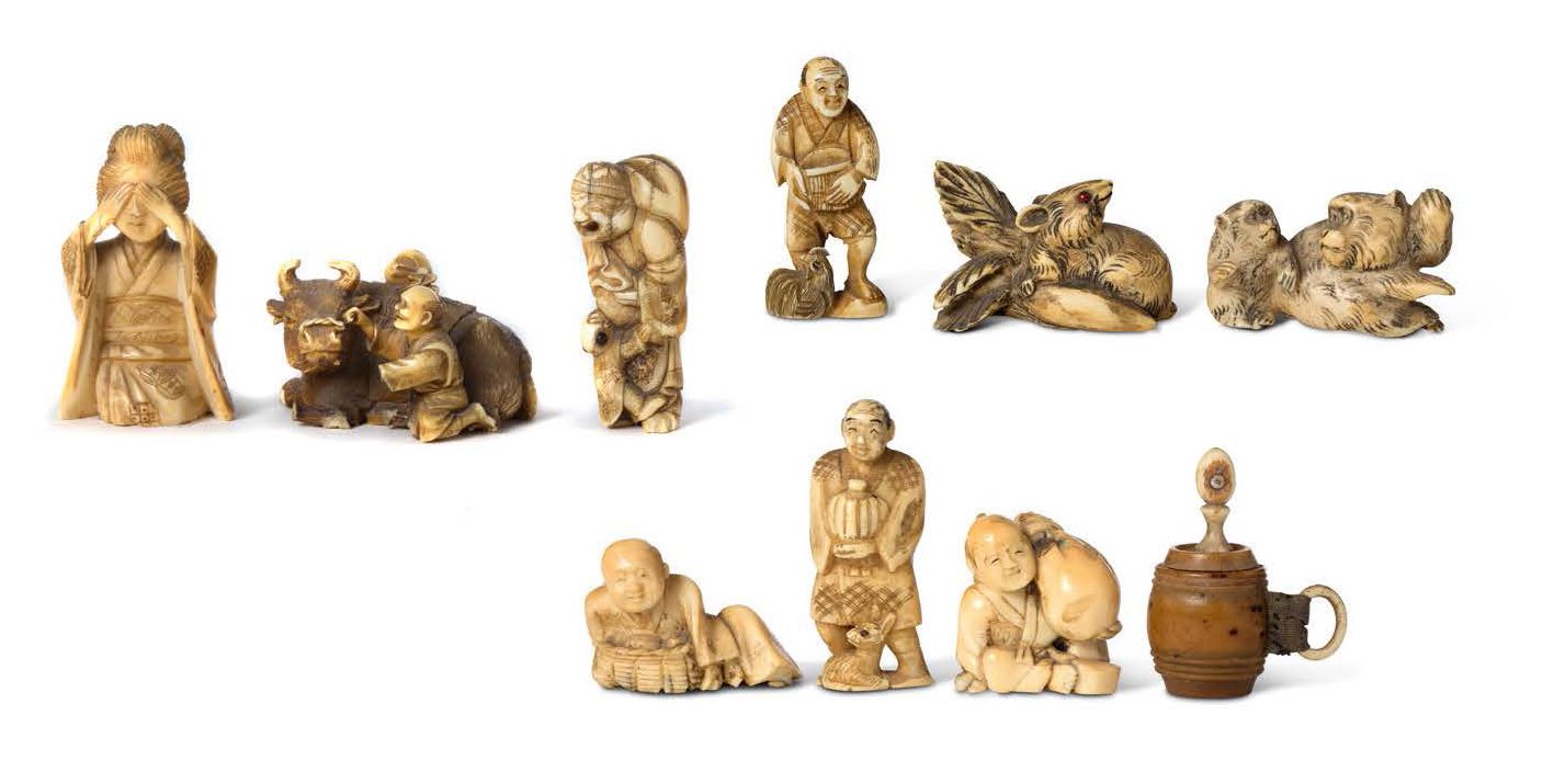 JAPON VERS 1900 ET 1920-1930 Lot of seven netsuke, four of which are in ivory, r&hellip;