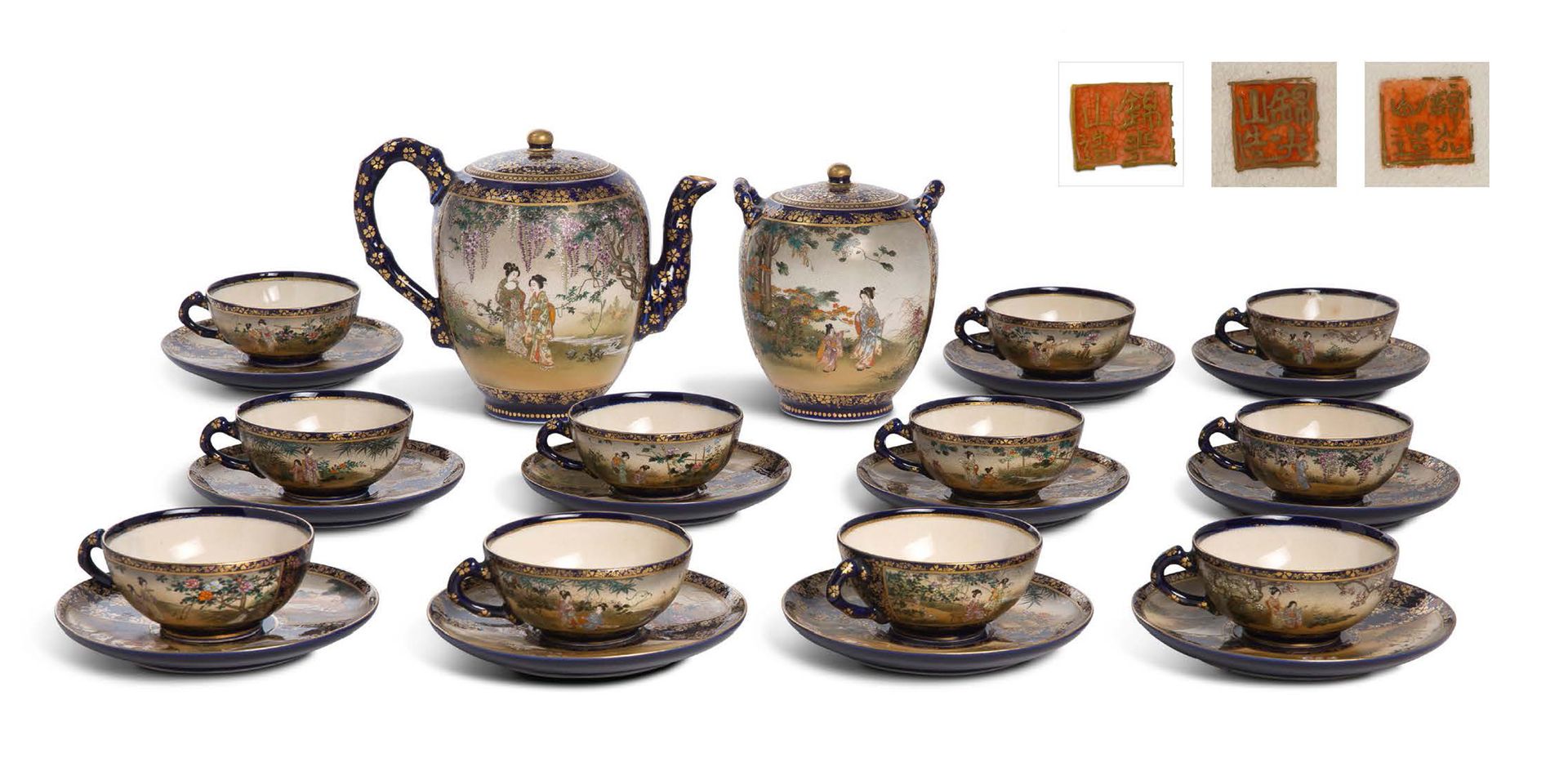 JAPON, KINKOZAN PÉRIODE TAISHÔ-DÉBUT SHÔWA, XXe SIÈCLE 一套24件的釉面陶瓷器皿，每件都有多色的精巧装饰，&hellip;