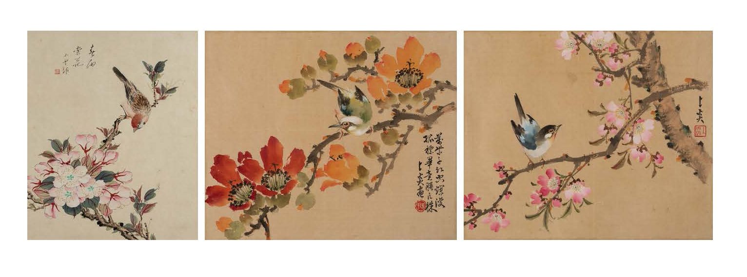 JAPON XXE SIECLE Trois encres sur soie représentant des oiseaux sur des branches&hellip;