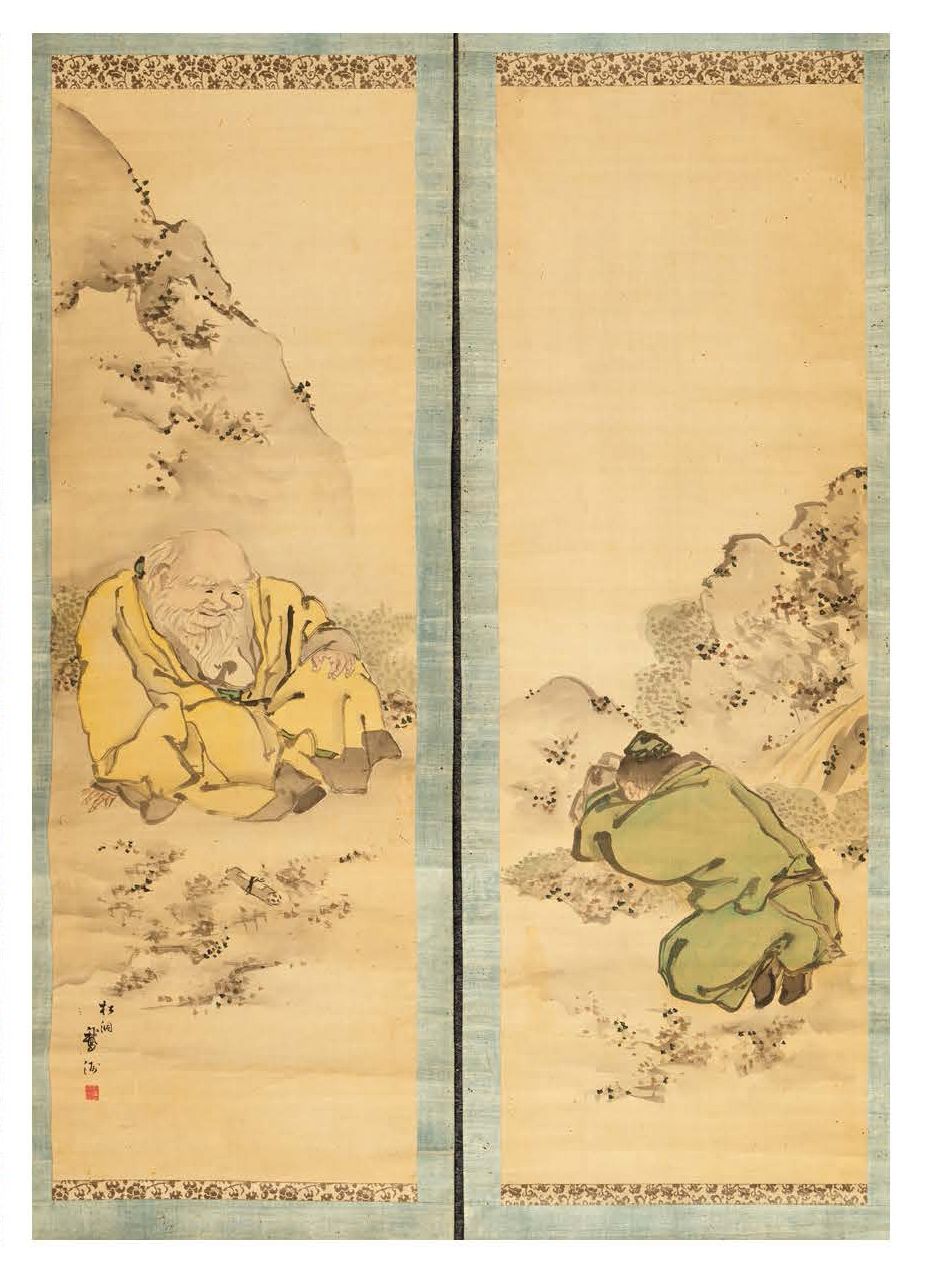 JAPON PÉRIODE EDO (1603-1868), XVIIIe SIÈCLE 绢本水墨淡彩画两幅，形成一个连续的场景，背景是素描山水，右画中的跪拜弟&hellip;