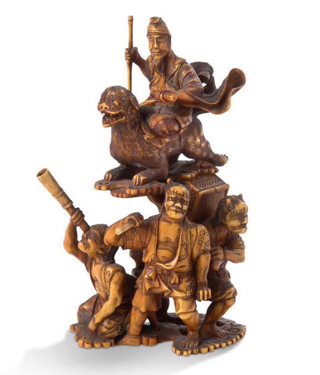 Japon Période Meiji (1868-1912) 


高12厘米，象牙材质，带有美丽的铜锈，表现Shoki坐在奇美拉上，被鬼魂包围。

斧头的一&hellip;