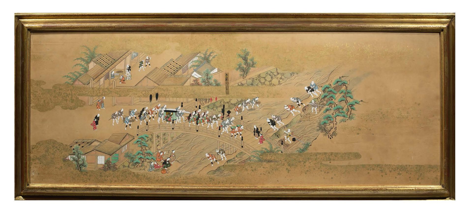 JAPON ÉCOLE DE TOSA, FIN DE LA PÉRIODE EDO (1603-1867) 纸上水墨和彩色画，描绘了一个政要的队伍离开一个河流&hellip;