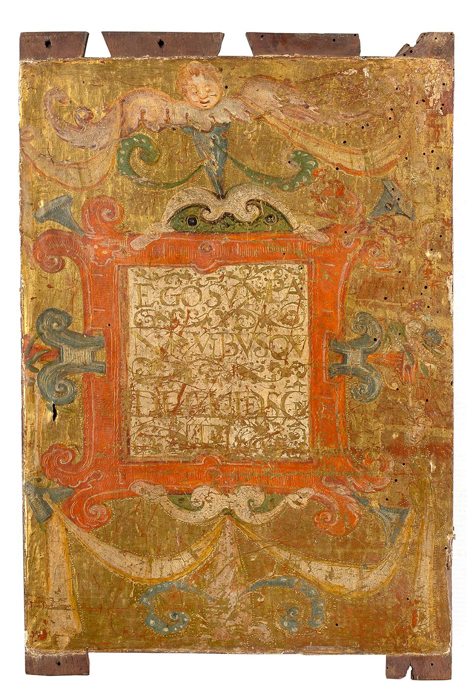 Null 胡桃木板，多色和镀金，装饰有带有拉丁文题词的方框。
西班牙，16世纪
高42厘米-宽28厘米
 （有些磨损）