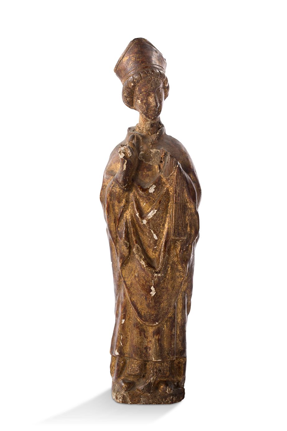 Null SAINT ÉVÊQUE en bois sculpté et doré, dos plat.
Italie, XIVe siècle
H. 33,5&hellip;
