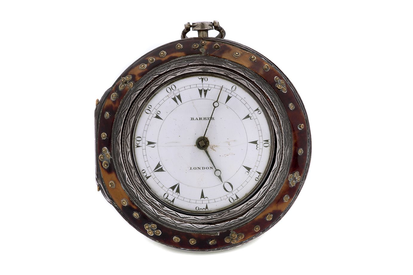 BERY BARBER LONDON Milieu XVIIIe siècle 
，为奥斯曼市场提供的银质手表，有双层表壳。银色内盒和玳瑁色外盒。白色珐琅表盘，&hellip;