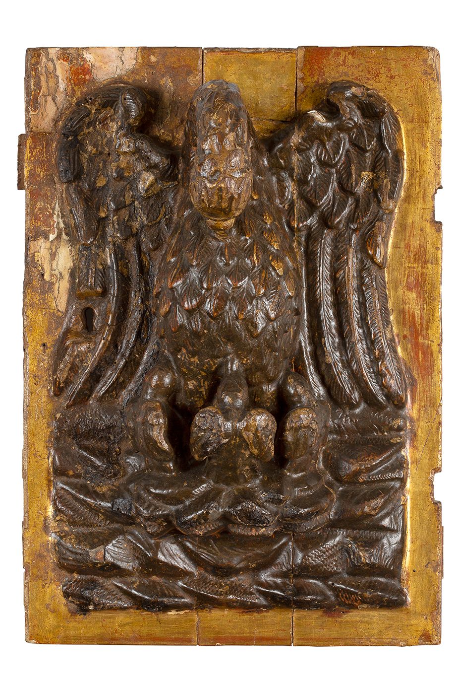 Null TABERNACLE-TÜR aus Nadelholz, geschnitzt in starkem Relief, das den Pelikan&hellip;