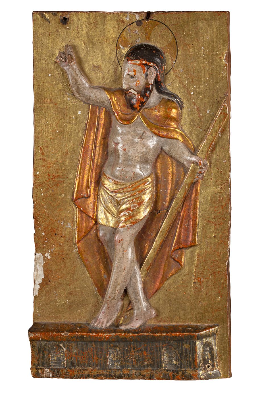 Null 高浮雕的TABERNACLE门，多色和镀金，表现复活的基督，背面是红色背景的圣杯。
西班牙，16世纪
高38厘米 - 宽21厘米
 （有轻微的事故和丢&hellip;