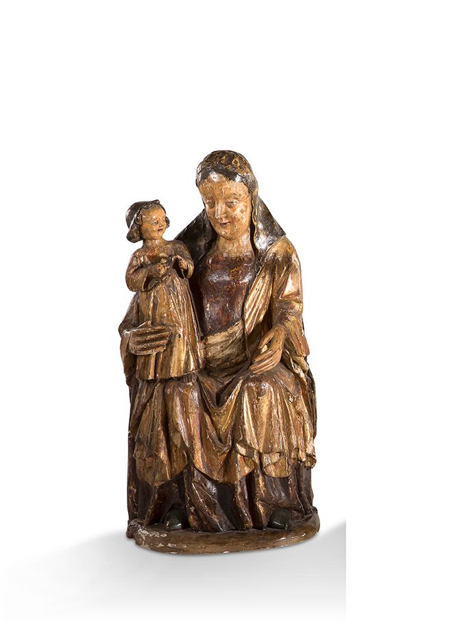 Null 
+ VIERGE À L'ENFANT assise en bois sculpté et polychromé, dos creusé et re&hellip;