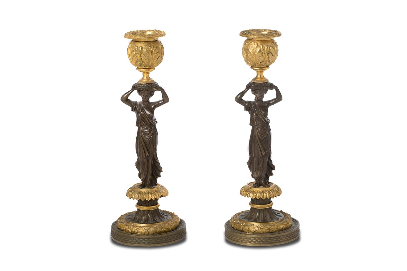 Null PAIR OF FLAMPS with a double brown and gilded patina representing canephora&hellip;