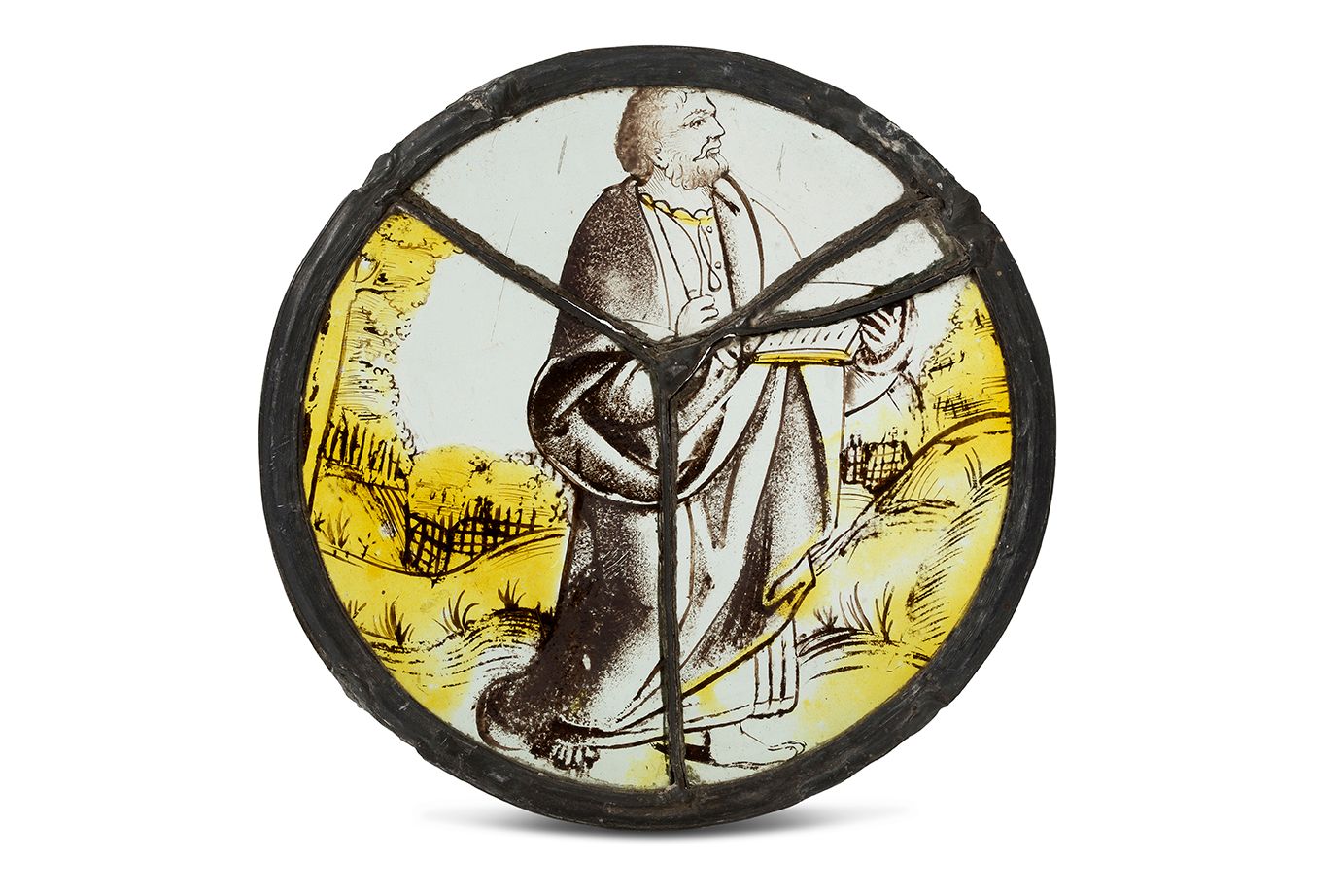 Null RONDEL en grisaille et jaune d'argent représentant
Saint Barthélémy debout,&hellip;
