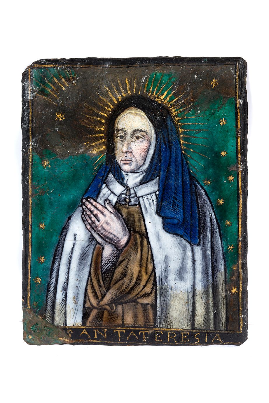 Null Emailleplatte auf Kupfer, die die Heilige Teresa vor einem grünen Hintergru&hellip;