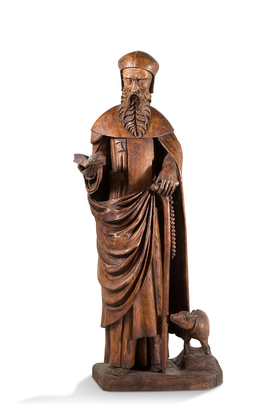 Null 
+ 胡桃木圆雕的重要圣安东。



圣洁的隐士站着，右手拿着一本打开的书，另一只手拿着悬挂着念珠的陶罐，猪在他脚下。



西班牙，15世纪



&hellip;