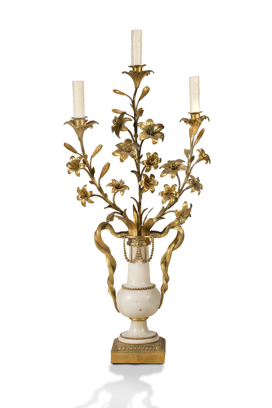 Null LARGE Pair of three-light CANDELABRES in chased and gilt bronze and white C&hellip;