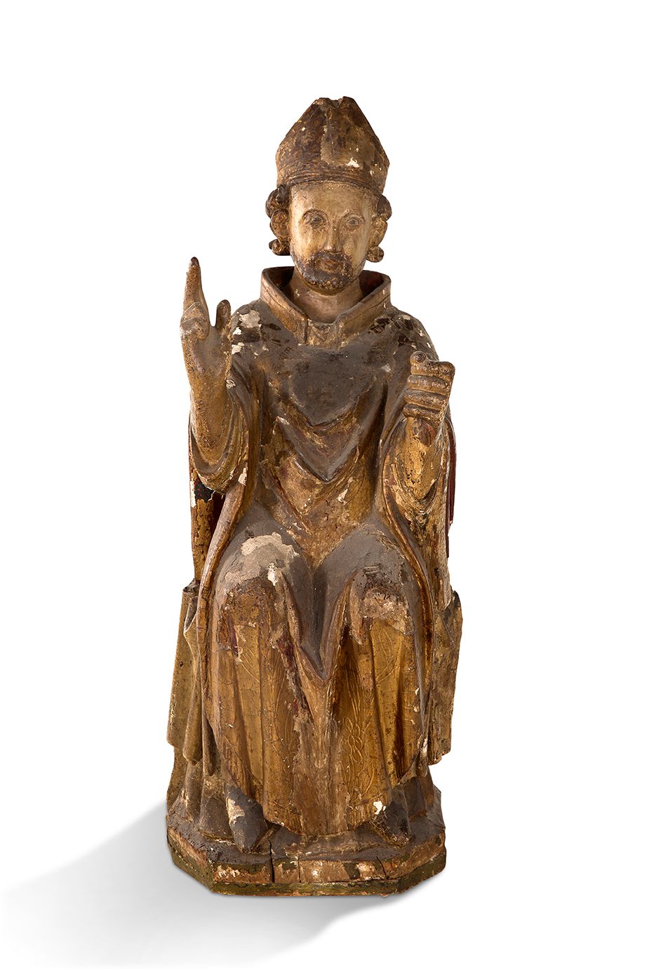 Null 圣皮埃尔（SAINT PIERRE），木雕，圆雕，多色和镀金，部分被掩盖。
，坐在一个镂空的凳子上，他用右手祝福，另一只手应该拿着钥匙。
背部有锻铁环&hellip;