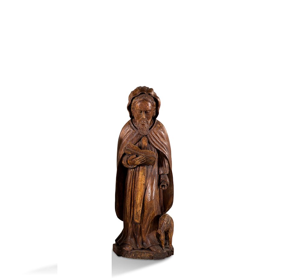 Null 
+ 圣安多尼（SAINT ANTOINE）木雕作品，有多色的痕迹，背面粗糙。圣洁的隐士站着，右手拿着打开的规则书，另一只手拿着铃铛，猪在他脚下。

&hellip;