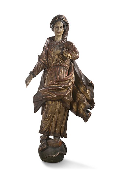 Null 巨大的圣母玛利亚，石灰木制，背面粗糙。站着，她用右脚踩碎了诱人的蛇头。
德国，17世纪
高约130厘米（事故和一些部件丢失）。