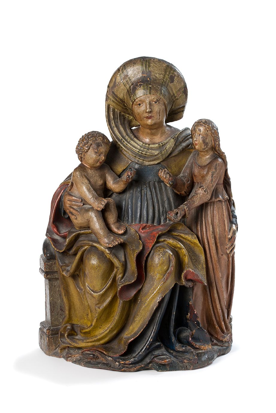 Null 圣安娜-特里尼泰尔（SAINT ANNE TRINITAIRE），石灰木圆雕，多色雕刻，背部镂空封闭。
圣母抱着坐在她右膝上的孩子耶稣，玛丽站在她身边&hellip;