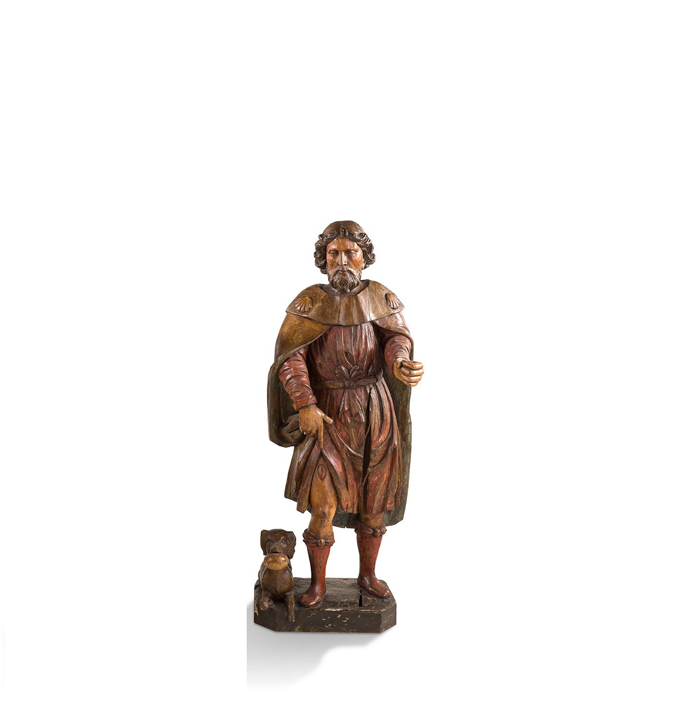 Null 
+ 雕刻和上色的胡桃木的圣罗赫，粗糙的背面。



他身穿朝圣者的斗篷，正在揭开他右腿上的泡泡，供应狗躺在他的脚边。



16世纪



高87.&hellip;