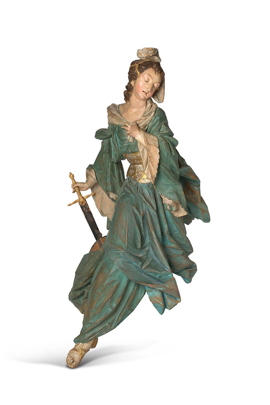 Null 圣凯瑟琳（SAINT CATHERINE），雕刻，多色，银色和镀金的石灰木，背部被挖空。圣人以轮廓坐着，将左手放在胸前，另一只手拿着剑，她的殉道轮出现&hellip;