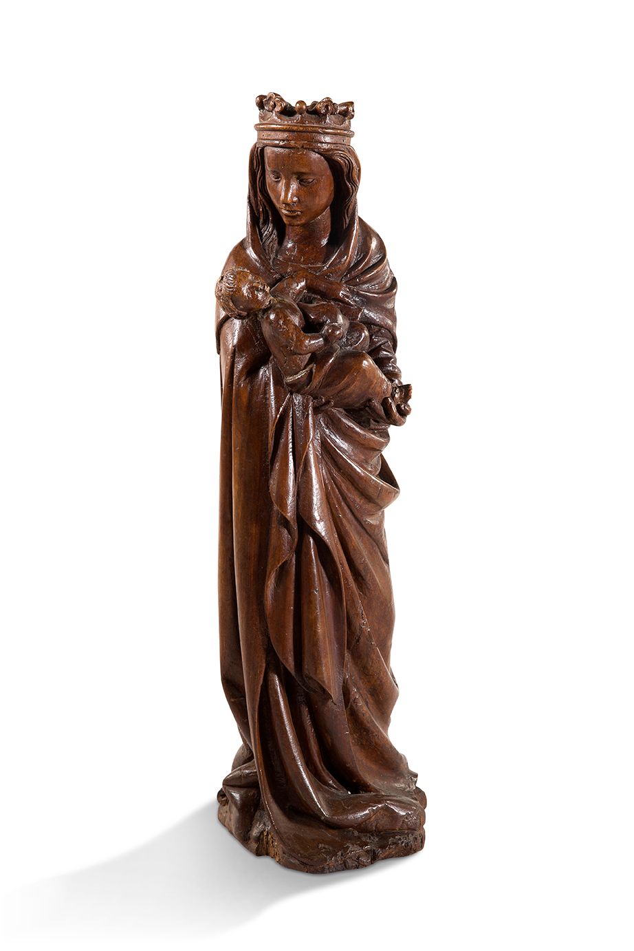 Null 
+ 胡桃木圆雕的圣母与孩子。站着。



马利亚怀里抱着孩子，脸朝向他；她的头上戴着花冠，放在长长的面纱上；她身上裹着厚厚的、起伏不定的幔子。躺着的&hellip;
