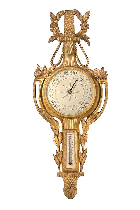 Null A carved and gilded wood BAROMETER-THERMOMETER. Ornamented with flowers and&hellip;