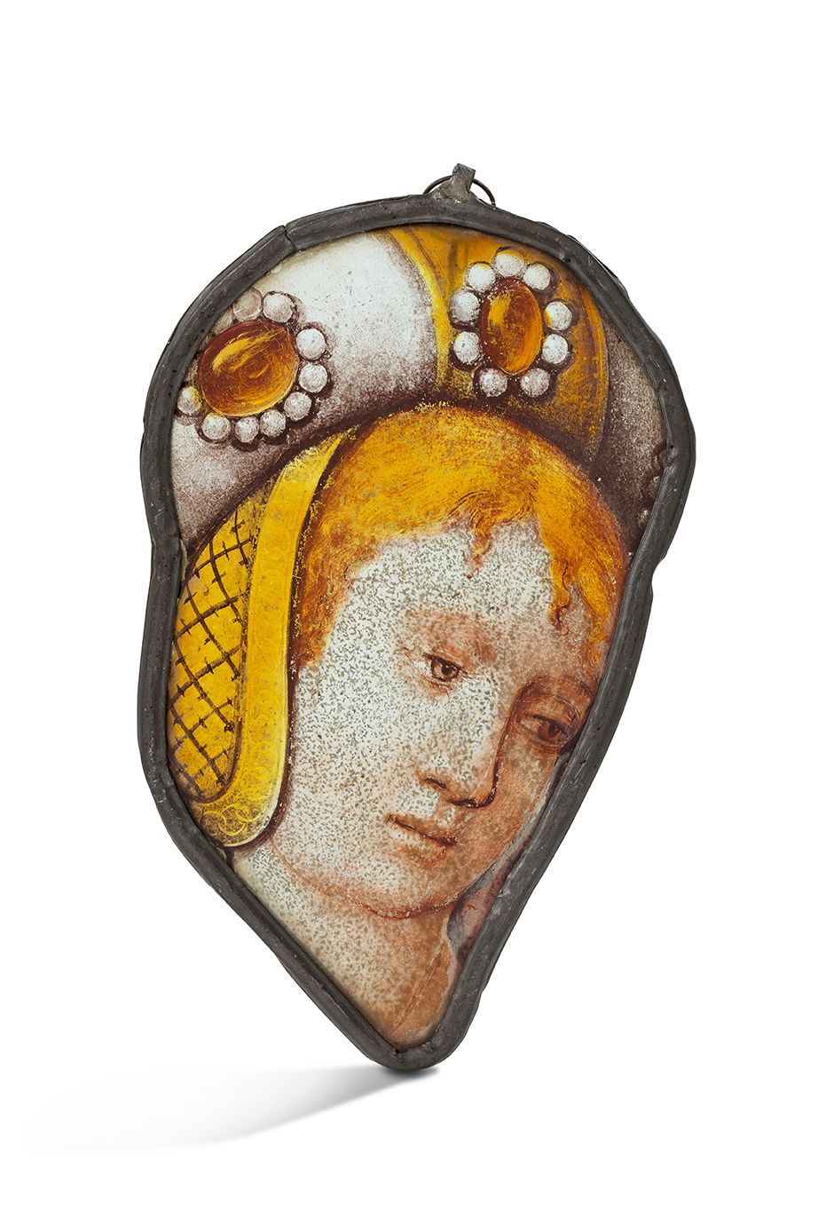 Null 彩绘玻璃 灰色和银黄色的彩绘玻璃窗碎片，表现一个戴着头巾的女人，上面装饰着凸圆形和珍珠，勃艮第的玛丽？
大约1480 / 1500
高度：21.5厘米&hellip;