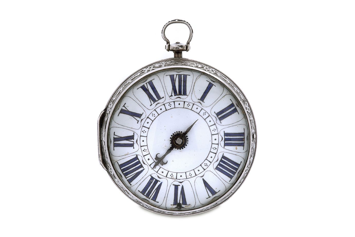 ABEL DUVRADE À GENÈVE Début XVIIIe siècle 
Silver onion watch. Chased case decor&hellip;