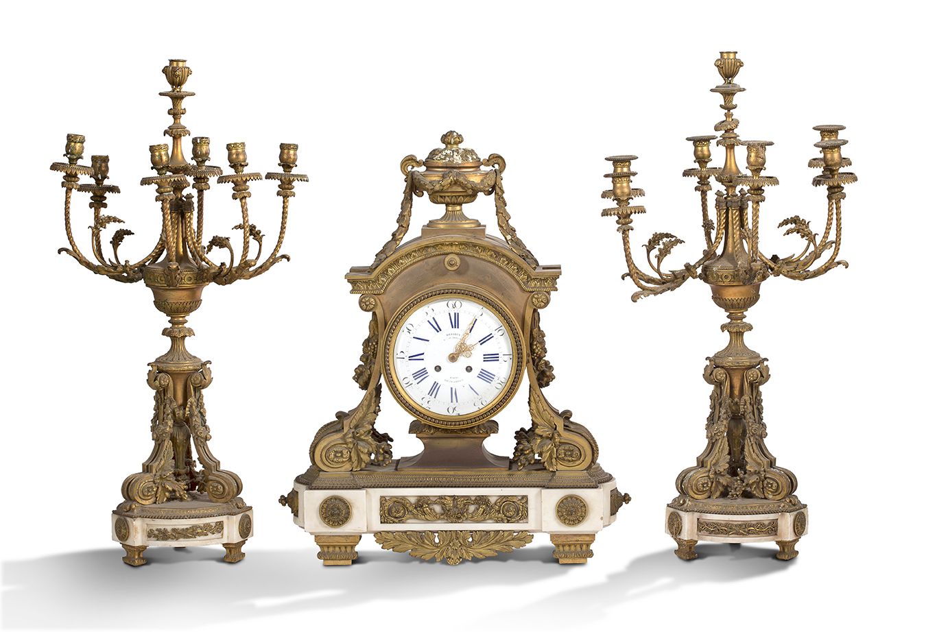 Null IMPORTANT Mantelpiece composed of a clock and two candelabras with seven ar&hellip;