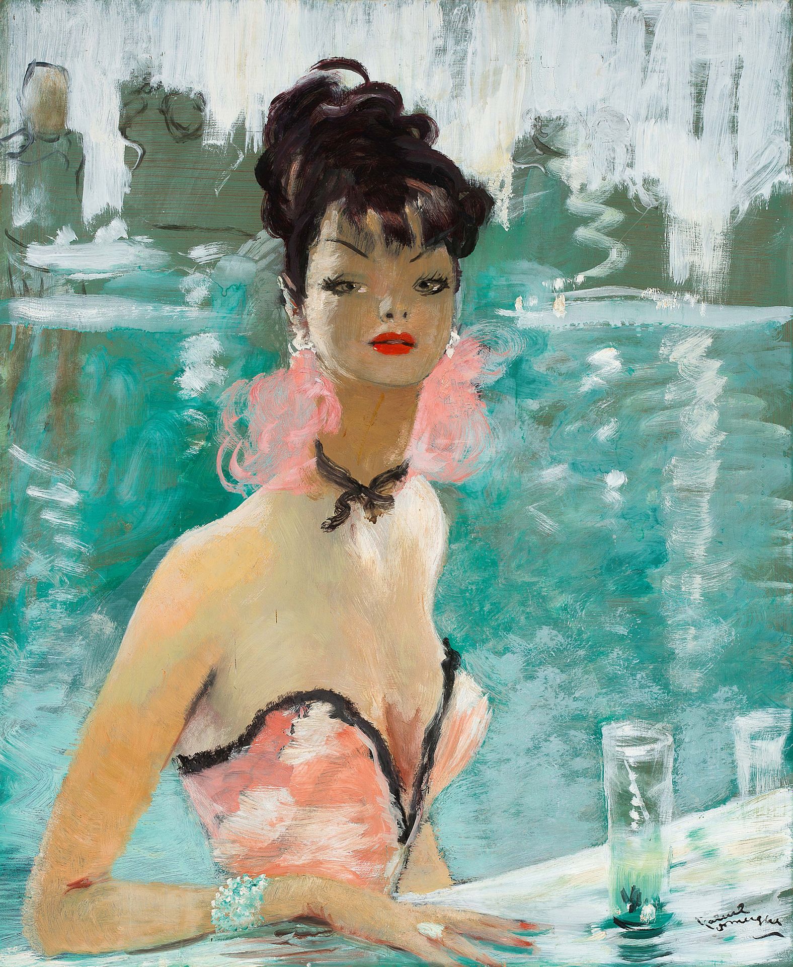 JEAN-GABRIEL DOMERGUE (1889 - 1962) 
Au bar, Cannoise au bustier

Huile sur Isor&hellip;