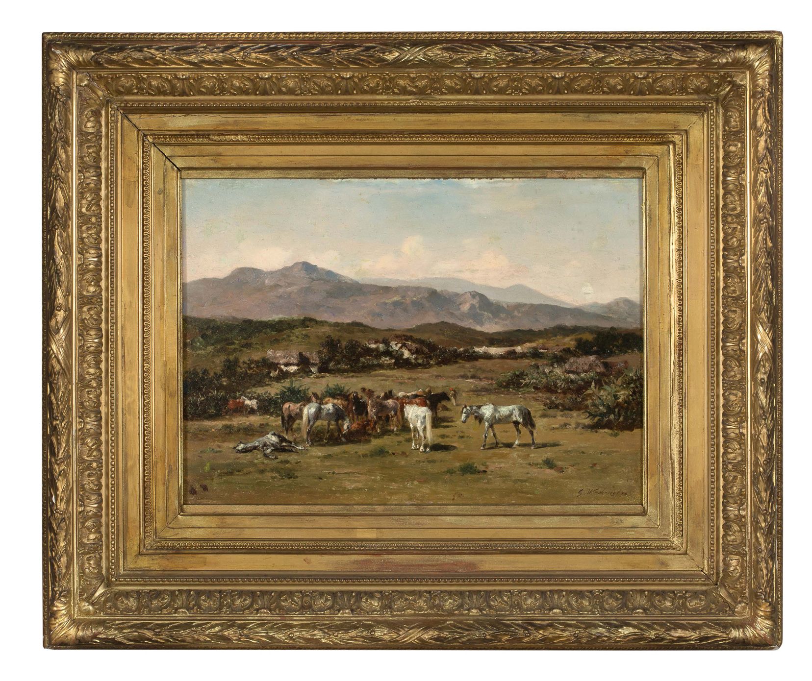 GEORGES WASHINGTON (1827 - 1901) 
Chevaux arabes sur une prairie

Huile sur pann&hellip;