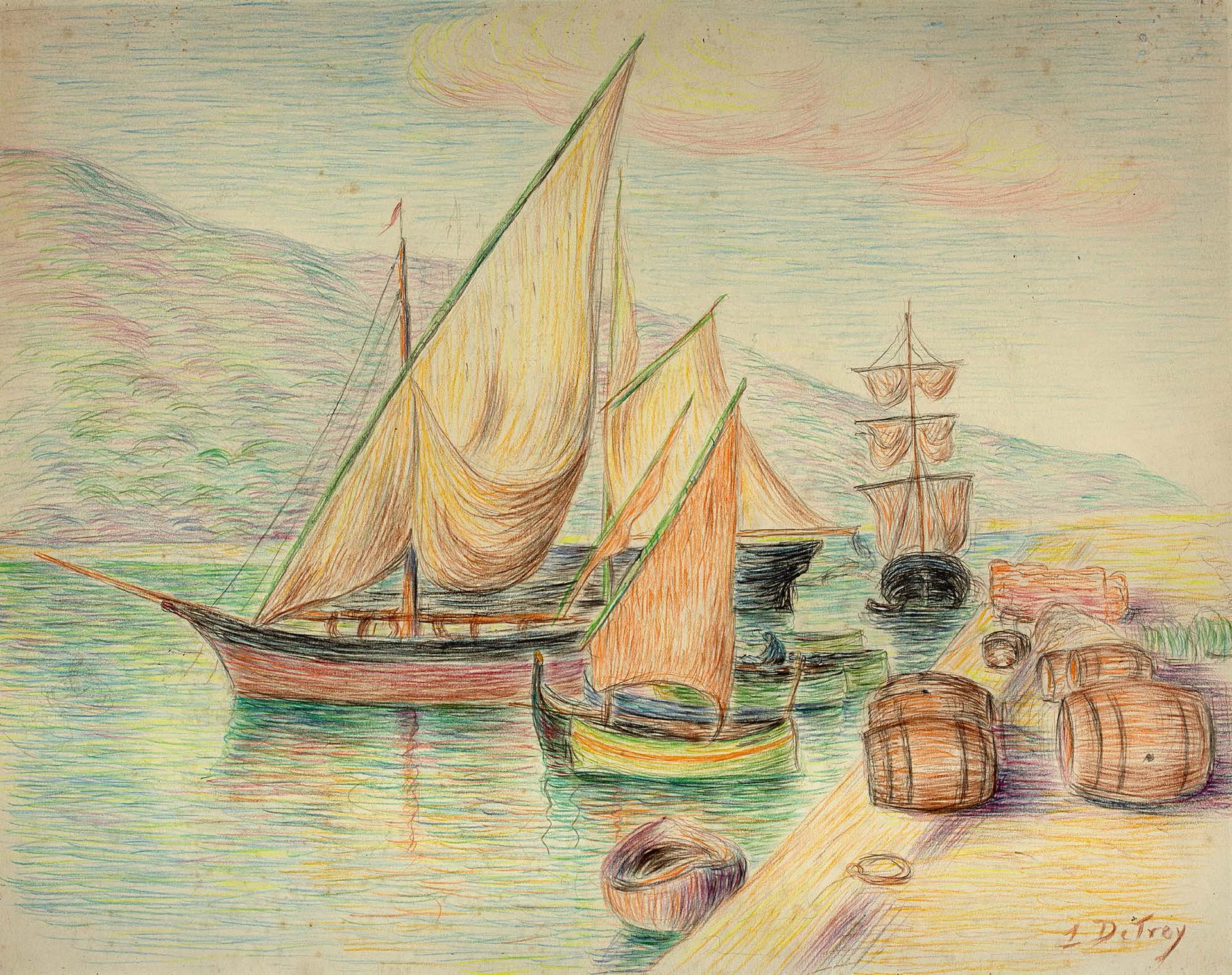 Léon DETROY (1857 - 1955) 
Au débarcadère

Crayons de couleur sur papier

Signés&hellip;