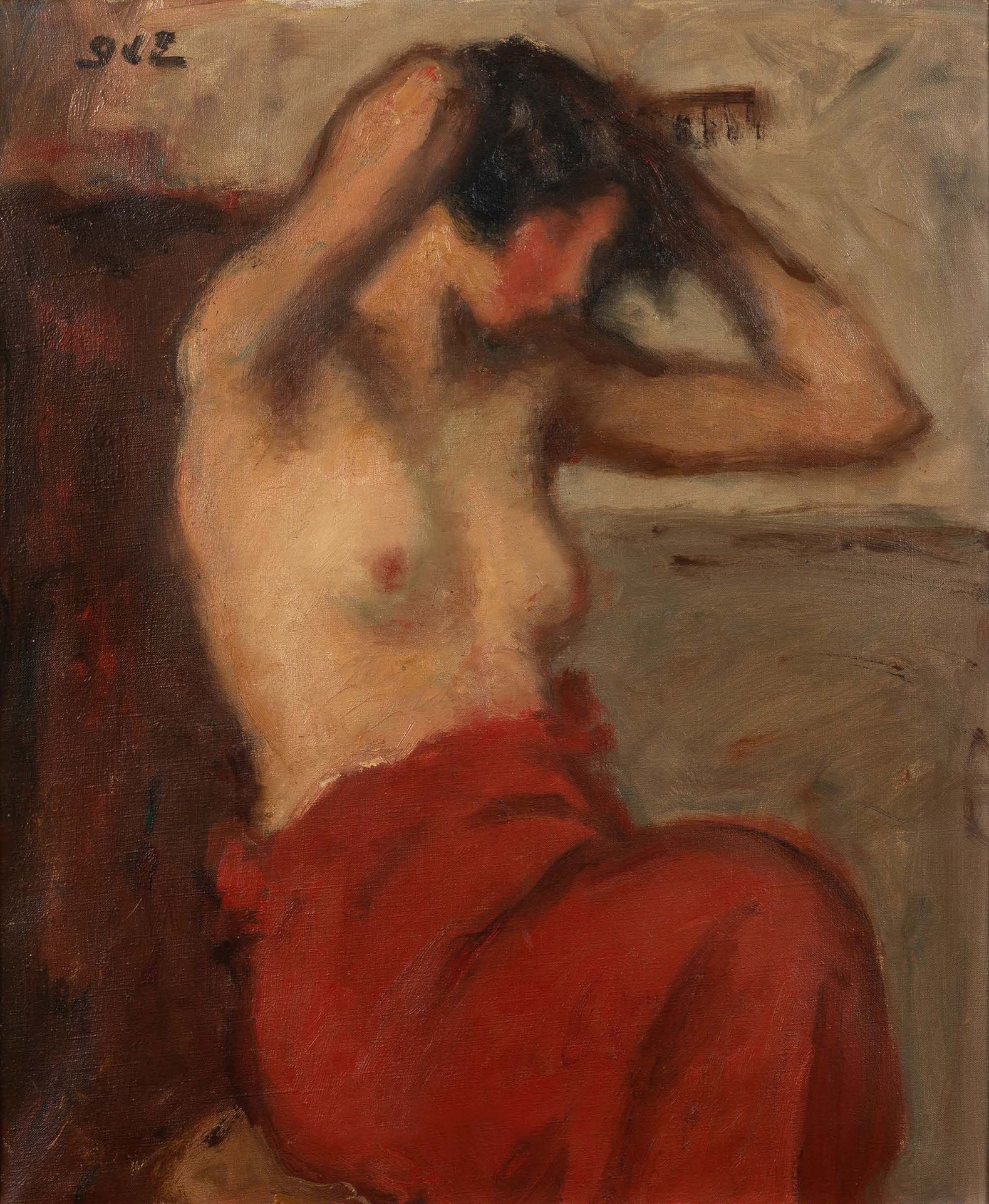 Georges d'ESPAGNAT (1870/1950) 
女性裸体做头发

布面油画 左上角有署名 "Mongram "的字样

46 x 38 cm -&hellip;