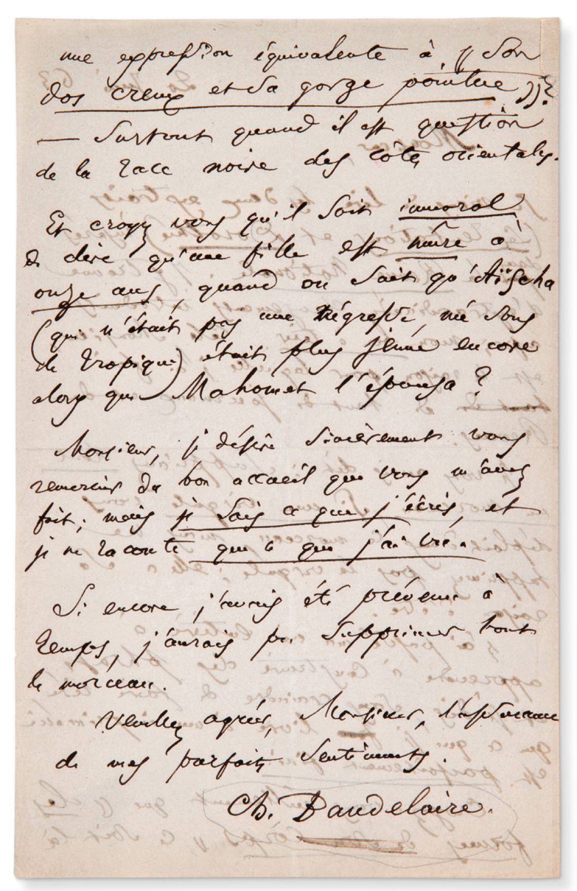 BAUDELAIRE Charles (1821-1867) Eigenhändiger Brief [an Gervais CHARPENTIER], s.L&hellip;