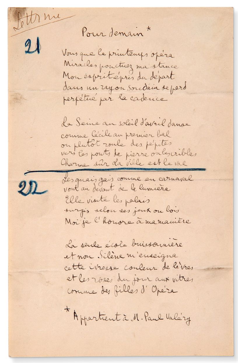 ARAGON Louis (1897-1982) Pour demain，献给保罗-瓦莱里的亲笔诗，约1920年。1页，8号墨迹。
路易斯-阿拉贡的亲笔墨迹诗，&hellip;