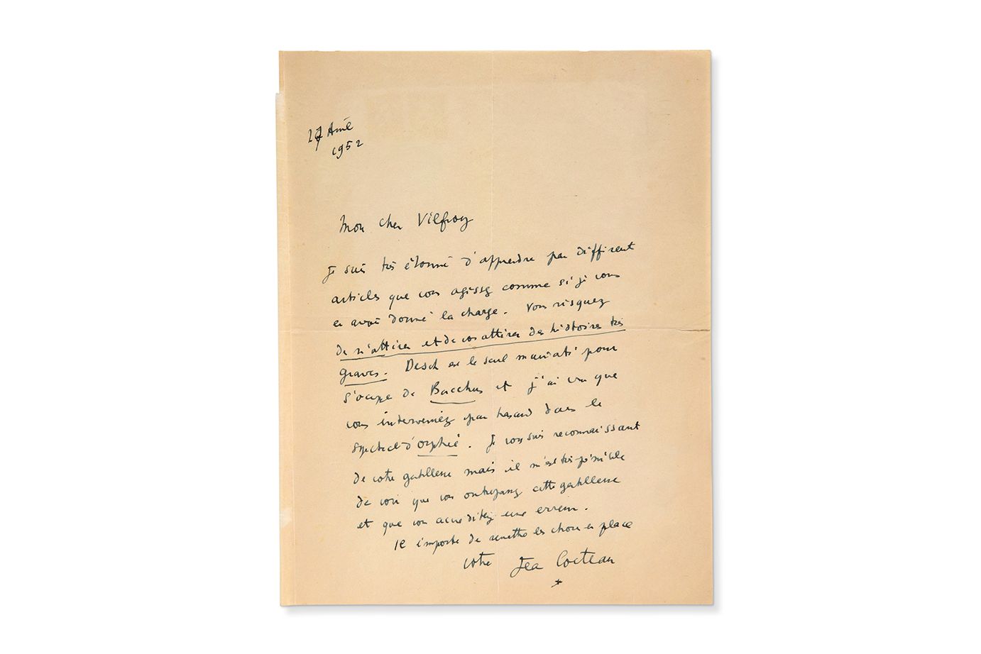 COCTEAU Jean (1889-1963) 1952年4月27日，签名为Jean Cocteau, [Milly]的亲笔信，致M. VILFROY于柏林的&hellip;